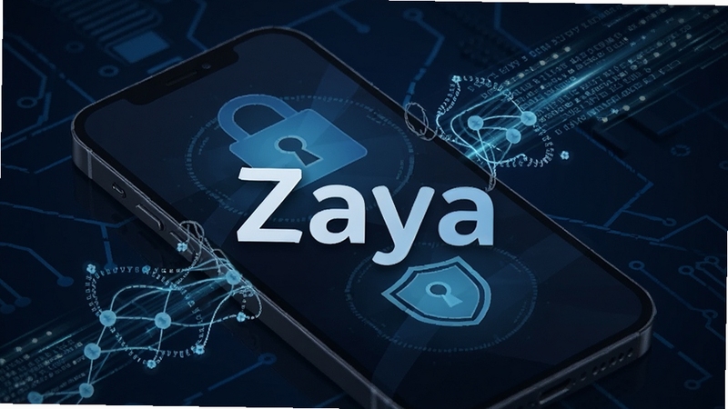 Zaya 数据安全加密概念图,手机屏幕显示锁形图标与加密数据流,背景为深蓝色科技纹理,画面中央标注 Zaya 名称,突出安全防护氛围