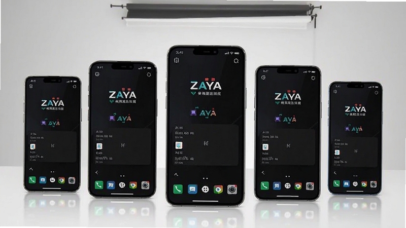 Zaya 多机型适配展示图,多部手机并排显示相同界面,背景为浅灰色工作室环境,突出 Zaya 软件在不同屏幕上的兼容效果