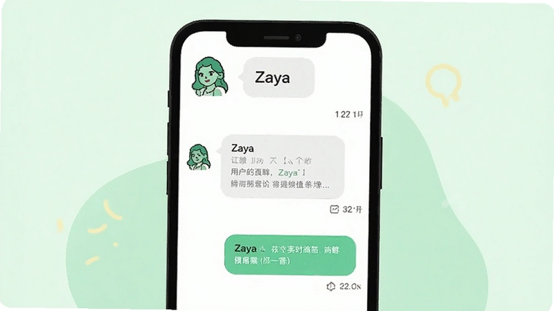 Zaya 用户问答场景插图,手机屏幕显示问答对话框与 Zaya 图标,背景为柔和浅绿色,突出交流与解答氛围