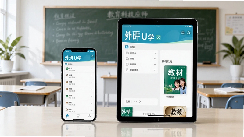 画面中央展示一部智能手机与一台平板电脑并排摆放,屏幕中清晰显示外研U学教师应用的首页界面,界面包含班级列表与教材封面。背景为明亮的教室环境,有黑板与绿植点缀,整体色调清新专业,适配教育科技产品宣传风格。