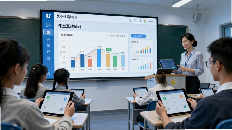 教室场景中,前方大屏幕显示外研U学教师软件的课堂互动统计图表,学生们手持平板电脑参与答题,教师站在讲台旁微笑查看反馈数据,画面充满科技感与互动感。