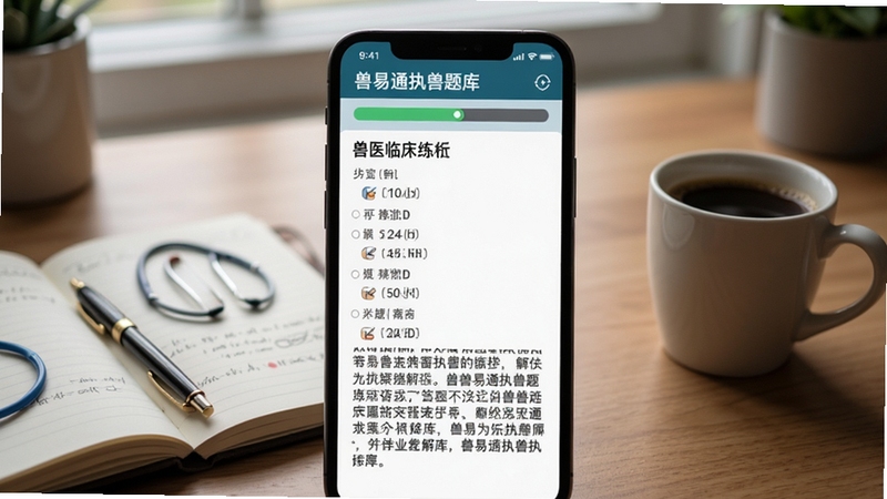 兽易通执兽题库练习界面,手机屏幕显示一道兽医临床选择题,选项下方有详细解析文字,屏幕上方有答题进度条,背景为书桌场景,旁边放着笔记本和咖啡杯,整体氛围安静专注