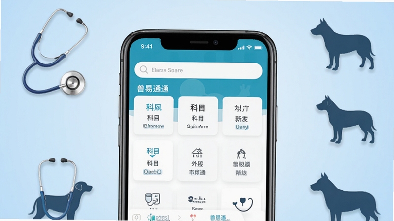 兽易通软件主界面全貌展示,画面中央为手机屏幕,屏幕内呈现兽易通APP首页布局,顶部搜索栏与科目分类清晰可见,背景为浅蓝色渐变,周围点缀兽医听诊器、动物剪影等元素,整体风格简洁专业,适合软件下载站配图