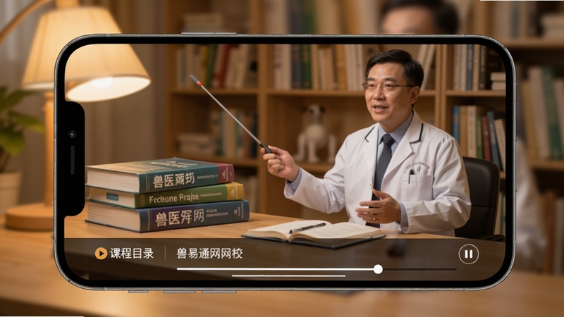 兽易通网校课程播放界面,手机横屏显示讲师授课画面,屏幕下方有课程目录与进度条,背景为温馨的书房环境,桌上放着兽医专业教材,整体色调温暖柔和