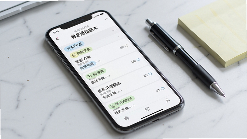 兽易通错题本功能界面,手机屏幕展示错题列表与知识点标签,界面简洁清爽,背景为浅灰色桌面,旁边放着一支笔和便签纸,突出学习整理氛围