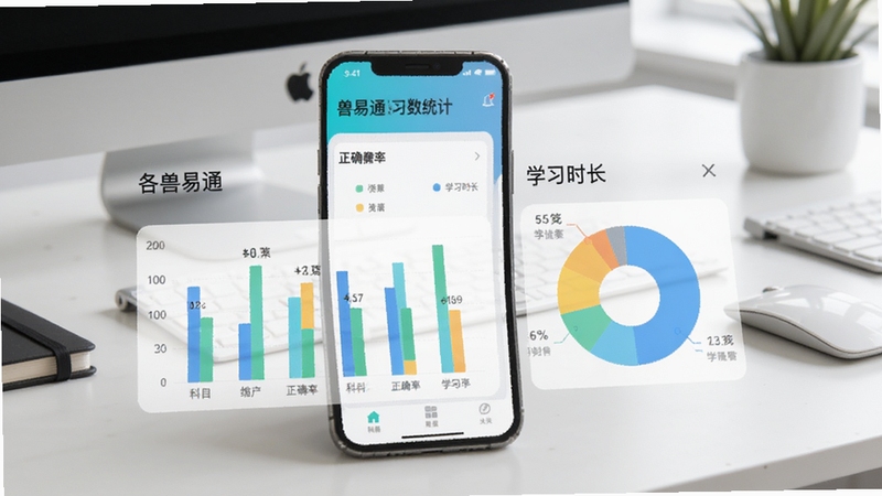 兽易通学习数据统计页面,手机屏幕显示柱状图与饼图,展示各科目正确率与学习时长,界面配色清新,背景为简约办公桌,整体风格现代科技感