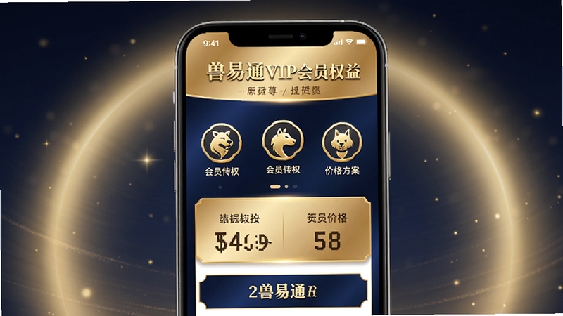兽易通VIP会员权益页面,手机屏幕展示会员特权图标与价格方案,界面采用金色与深蓝色搭配,背景为柔和光晕,突出尊贵感与专业感