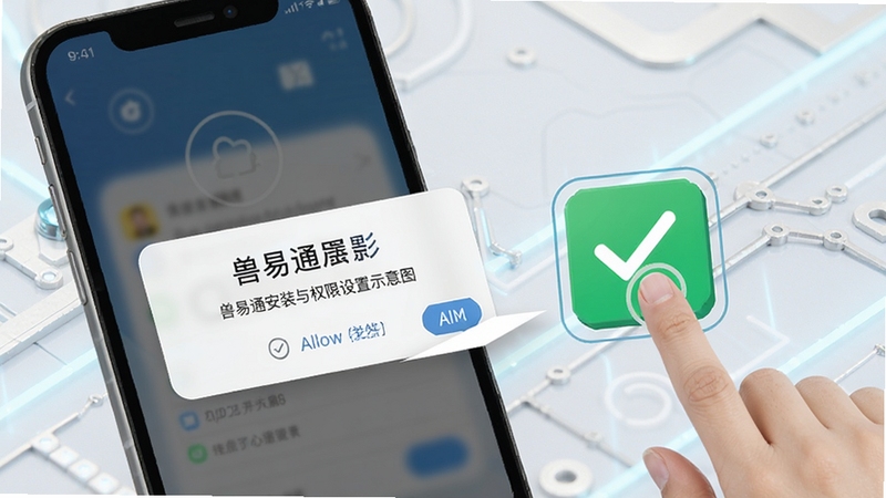 兽易通安装与权限设置示意图,画面展示手机屏幕弹出权限请求对话框,旁边有手指点击允许的图标,背景为浅色科技纹理,整体清晰易懂