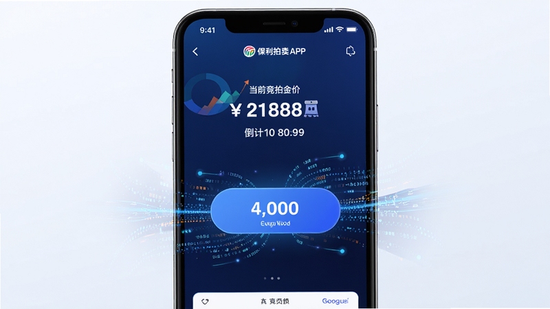保利拍卖APP实时竞拍出价界面,手机屏幕显示当前竞价金额与倒计时,背景为深蓝色科技感渐变,画面中央有醒目的出价按钮,周围环绕数据流动效果,适配Boogu模型生成