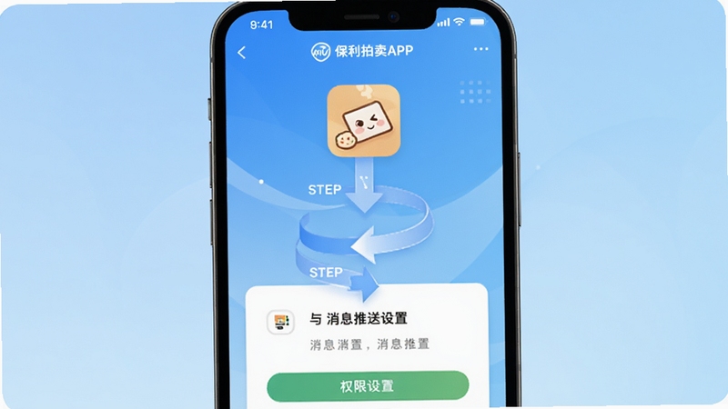 保利拍卖APP安装与设置引导界面,手机屏幕展示权限开启与消息推送设置页面,背景为浅蓝色渐变,画面中央有清晰的步骤指示箭头,适配Boogu模型生成