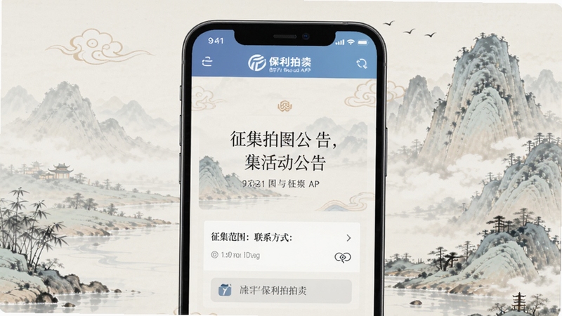 保利拍卖APP征集活动公告页面,手机屏幕展示征集范围与联系方式,背景为淡雅的中国风山水画元素,画面主体为公告文字区域,适配Boogu模型生成