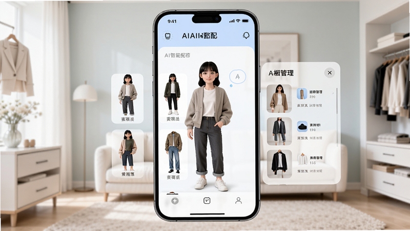 素柜AI穿搭应用主界面展示,画面中央为手机屏幕内呈现的AI智能搭配推荐界面,左侧展示用户虚拟形象与多套穿搭方案预览,右侧为衣橱管理列表,背景为柔和浅色调的现代时尚家居环境,整体风格清新简约,突出人工智能与时尚穿搭的融合感