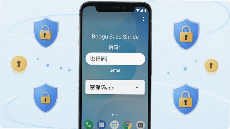 一部安卓手机显示桌面隐藏计算器软件的安装引导界面,屏幕中央为密码设置输入框与密保问题下拉菜单,背景为淡蓝色渐变,周围环绕安全盾牌与锁形图标,体现免费隐藏计算器app安装与安全设置流程,画面简洁清晰,适配Boogu模型生成