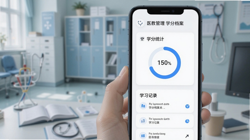 医教管理 学分档案页面 手机屏幕展示学分统计图表与学习记录列表 背景为白色卡片式设计 配有蓝色数据进度环 医学教育风格 适配Boogu模型生成