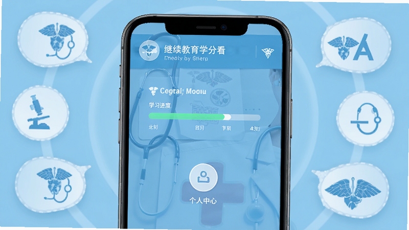 医教管理 软件主界面 手机屏幕中央展示继续教育学分看板 背景为淡蓝色医疗风格 包含学习进度条与个人中心入口 周围环绕医学图标元素 适配Boogu模型生成