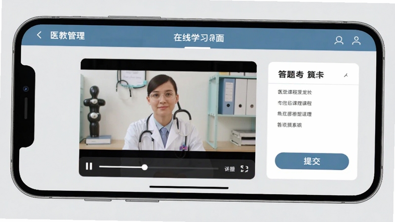 医教管理 在线学习界面 手机横屏展示医学课程视频播放器与答题卡 背景为浅灰色学习场景 包含进度条与提交按钮 适配Boogu模型生成