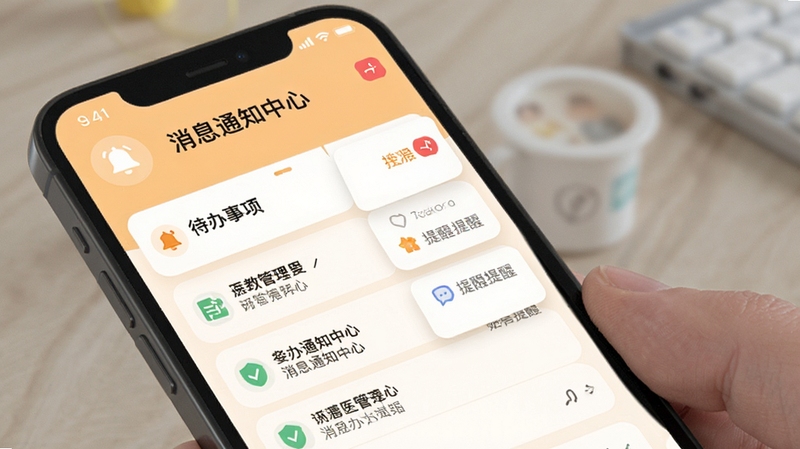医教管理 消息通知中心界面 手机屏幕展示待办事项列表与提醒卡片 背景为淡橙色暖色调 包含铃铛图标与未读标记 适配Boogu模型生成