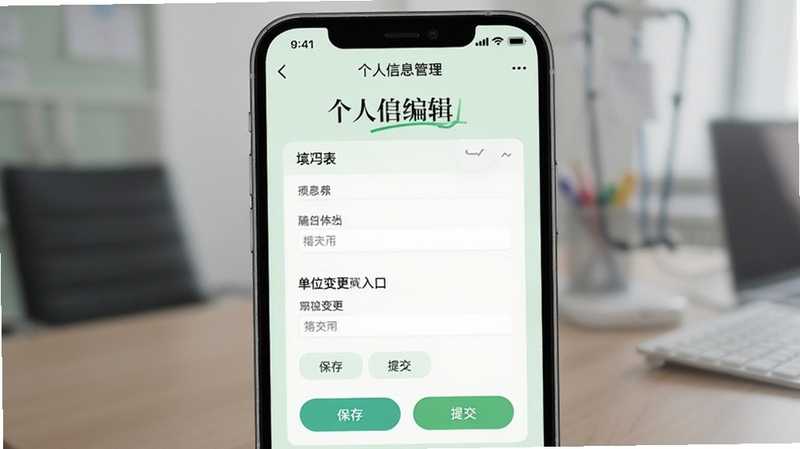 医教管理 个人信息编辑页面 手机屏幕展示资料填写表单与单位变更入口 背景为淡绿色清新风格 包含保存与提交按钮 适配Boogu模型生成