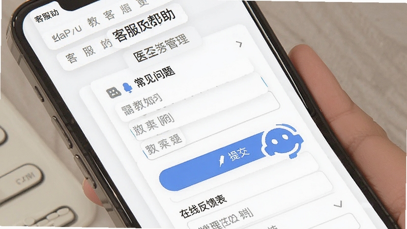 医教管理 客服帮助页面 手机屏幕展示在线反馈表单与常见问题列表 背景为白色简洁风格 包含提交按钮与客服图标 适配Boogu模型生成