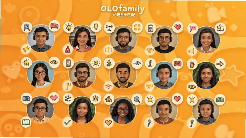 OLOfamily 兴趣圈子匹配界面示意图,画面以圆形头像网格为主体,每个头像周围环绕不同兴趣图标,背景为温暖的橙黄色调,体现社区氛围