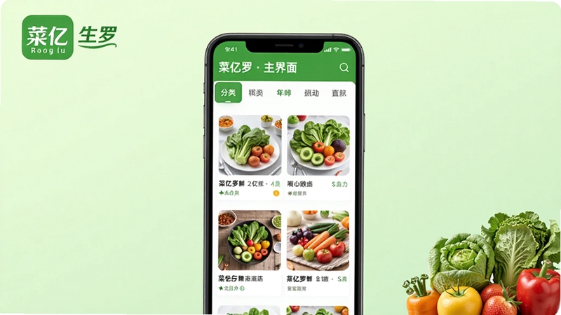 菜亿箩应用主界面展示,画面中央为手机屏幕呈现菜亿箩生鲜商品列表与分类导航栏,背景区域为干净的浅绿色渐变,左上角放置菜亿箩品牌标识,右下角点缀新鲜蔬菜水果元素,整体风格清新明亮,适合软件下载站展示图,Boogu模型生成