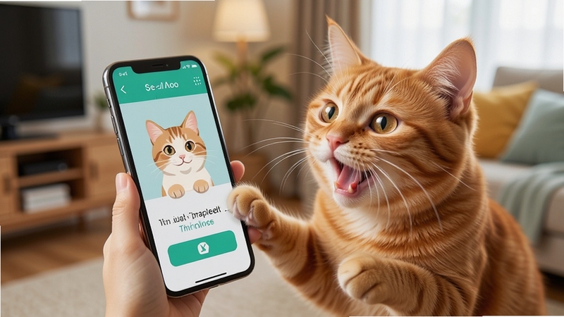 一只可爱的橘猫对着手机屏幕叫唤,手机屏幕上显示着人猫翻译神器的翻译界面,背景是温馨的居家客厅环境,画面明亮清晰,细节丰富