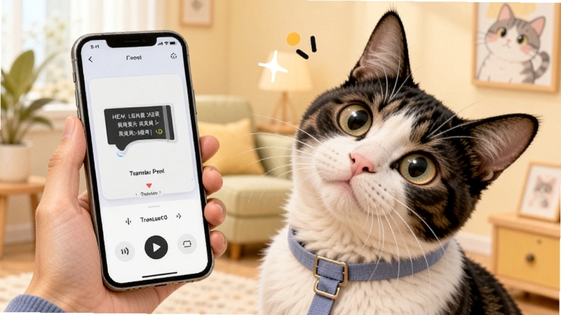 人猫翻译神器软件界面展示,一位年轻人拿着手机对着猫咪播放翻译后的猫叫声,猫咪歪着头好奇地看着手机,画面风格轻松活泼