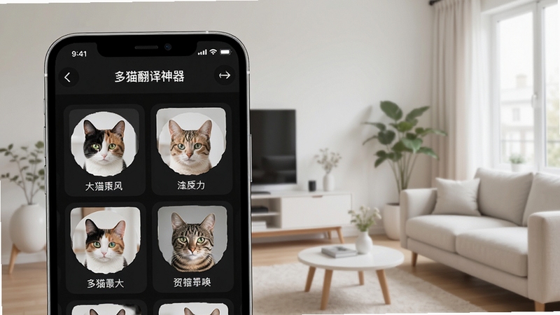 人猫翻译神器多猫档案管理界面,手机屏幕上显示着几只不同猫咪的头像和名字,背景是干净整洁的家居环境,画面风格简约现代