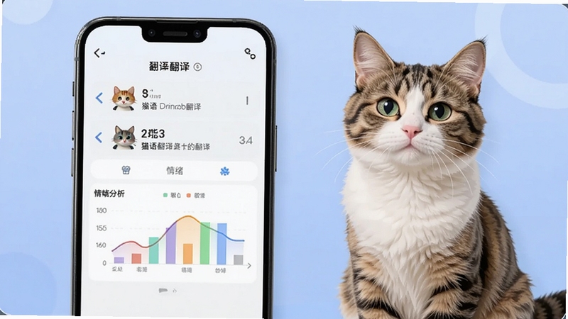 人猫翻译神器软件功能展示图,手机界面呈现猫语翻译结果和情绪分析图表,旁边有一只可爱的猫咪,整体画面清晰直观