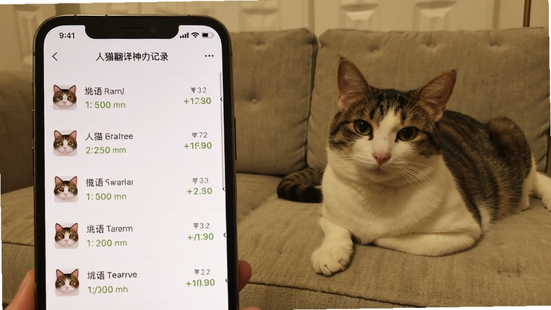 人猫翻译神器历史记录页面截图,手机上显示着多条猫语翻译记录,旁边有一只猫咪趴在沙发上,整体色调温暖舒适