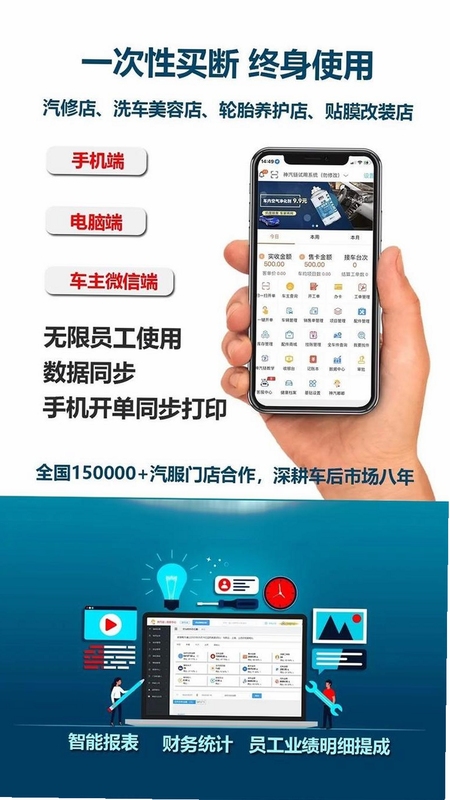 keyword=汽修店长使用手机查看经营数据,文字体现了移动端便捷管理与数据安全特性