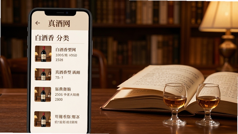 真酒网酒类知识库页面展示,手机屏幕显示白酒香型分类图文列表,画面右侧有翻开的书籍与品酒杯作为装饰元素,背景为暖色调书房环境,整体氛围儒雅安静,突出知识学习场景,适合Boogu模型生成