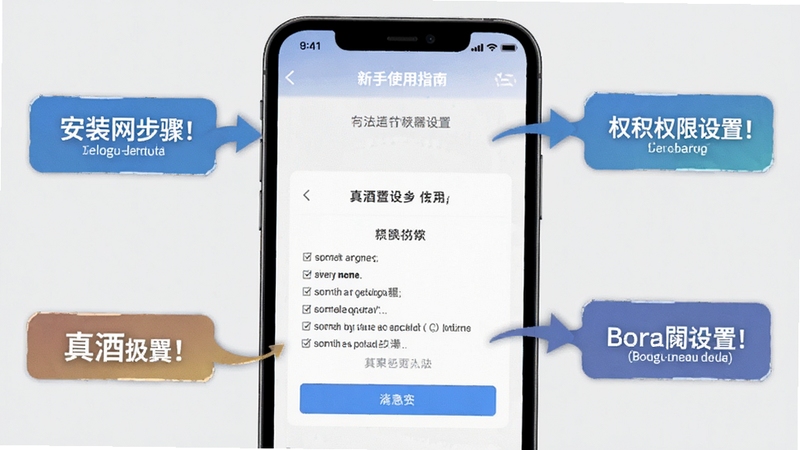 真酒网新手使用指南示意图,画面以手机界面截图为主体,周围配有箭头标注和文字提示框,背景为浅灰色简约风格,画面中清晰展示安装步骤与权限设置界面,整体设计简洁明了,适合Boogu模型生成