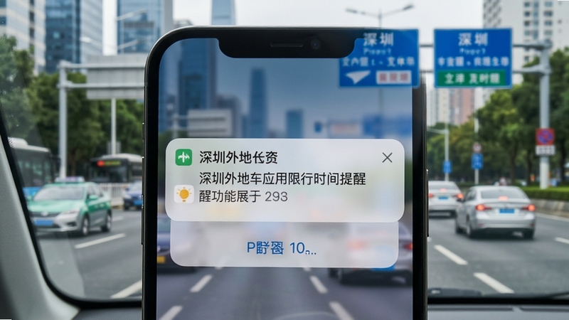 深圳外地车应用内限行时间提醒功能展示,手机屏幕弹出通知提醒,背景为深圳道路与交通标志,画面风格写实,突出提醒功能的实用性与及时性
