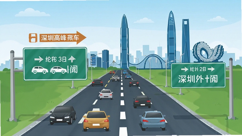 深圳外地车限行时间规定示意图,画面展示深圳城市道路与交通指示牌,标注早晚高峰时间段,背景为深圳地标建筑,风格清晰直观,信息图表化