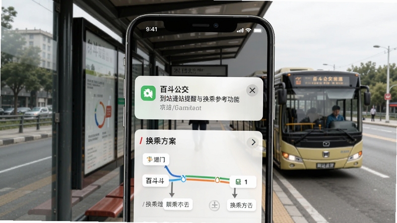 百斗公交到站提醒与换乘参考功能展示,手机界面弹出到站提醒通知,下方显示换乘线路方案,背景为公交站台场景