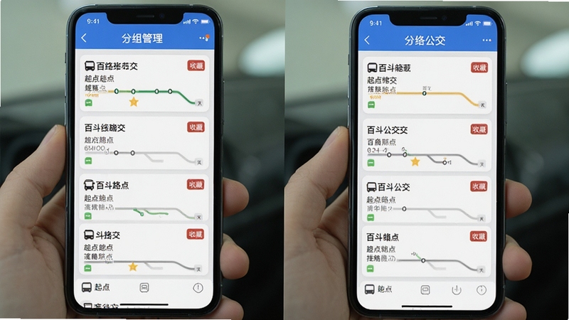 百斗公交多线路收藏与分组管理页面,手机屏幕显示多个公交线路卡片,每条线路标注起点终点与收藏标签,界面布局整齐