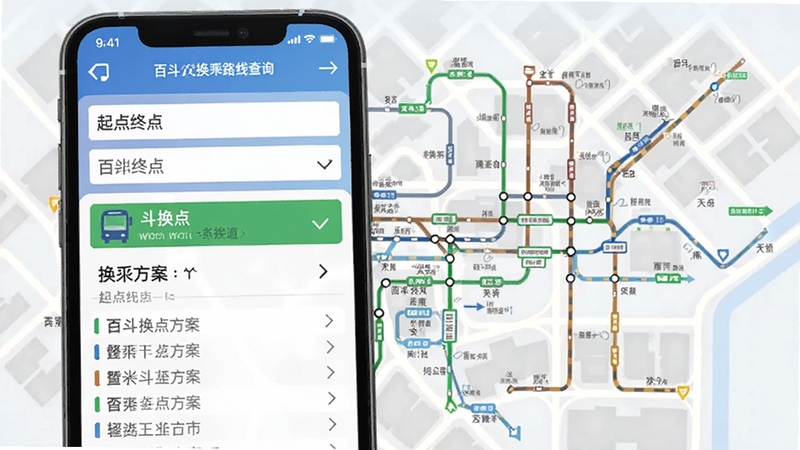 百斗公交换乘路线查询操作界面,手机屏幕展示起点终点输入框与多条换乘方案列表,背景为城市公交线路示意图