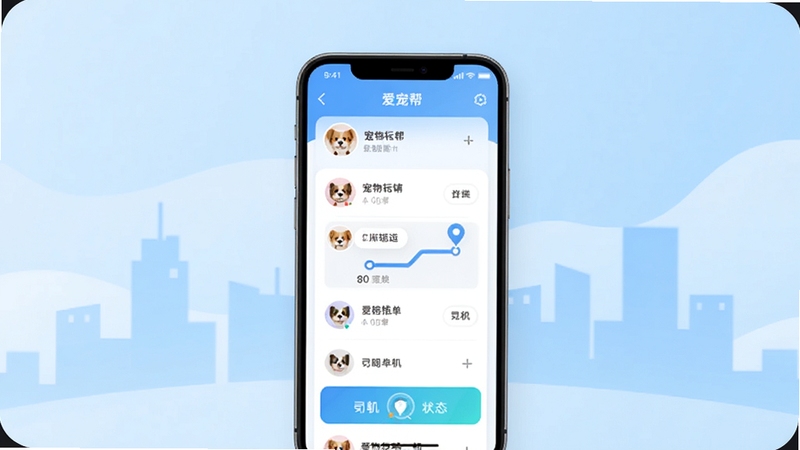 爱宠帮App主界面展示宠物托运订单列表与地图定位功能,画面中央为手机屏幕特写,屏幕内显示宠物头像、运输路线和司机接单状态,背景为浅蓝色渐变与城市剪影,整体风格清新简洁,适配Boogu模型生成