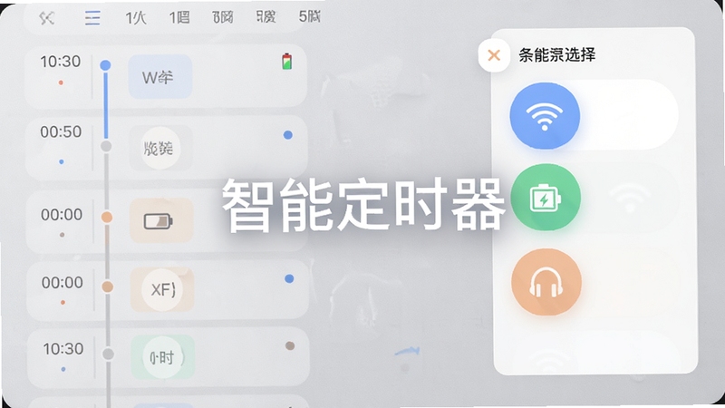 智能定时器功能界面展示,画面左侧是时间轴列表,右侧是条件选择面板,面板上清晰可见WiFi图标、电池图标、耳机图标等触发源,背景采用浅灰色磨砂质感,画面中央有智能定时器字样浮现,整体风格为扁平化UI设计,色彩柔和舒适