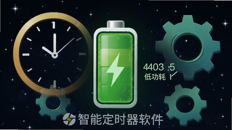 智能定时器电池优化示意图,画面中央是一个绿色的电池图标,周围环绕着时钟和齿轮,背景是深色星空,电池图标旁边显示着低功耗字样,画面底部有智能定时器软件名称水印,整体风格简洁科技感