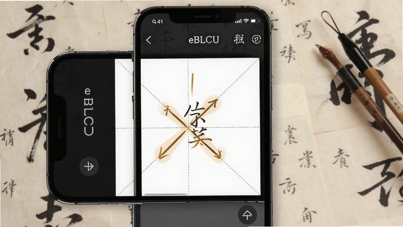 eBLCU���ĺ�����д��ϰ���棬����չʾ�ֻ���Ļ�����ָ����˳�����켣������Ϊ��ͳ�鷨Ԫ������ֽ������ɫ������