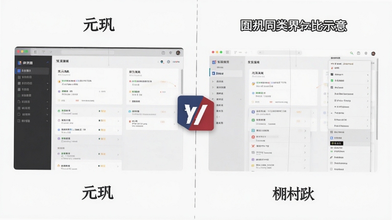 元玑与同类工具界面对比示意,左侧为元玑简洁界面,右侧为复杂菜单界面,中间用对比符号分隔,背景干净,风格直观