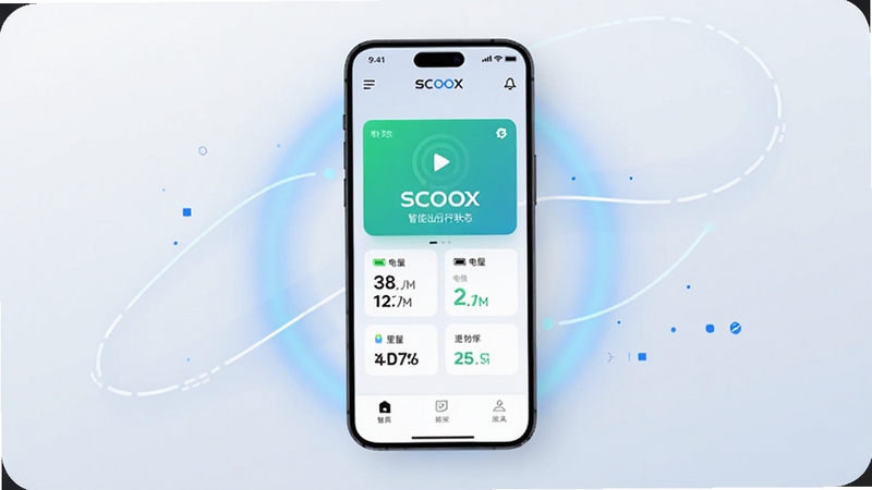 ��������չʾһ�������ֻ�����Ļ�д� SCOOX Ӧ�������棬������������Ŀ���豸����״̬��Ƭ�͵�������̵���Ϣģ�飬����Ϊǳɫ�Ƽ��н��䣬��Χ�е�������ɫ���κͼ�Լ����װ�Σ��������ִ���࣬ͻ�����ܳ��й�������