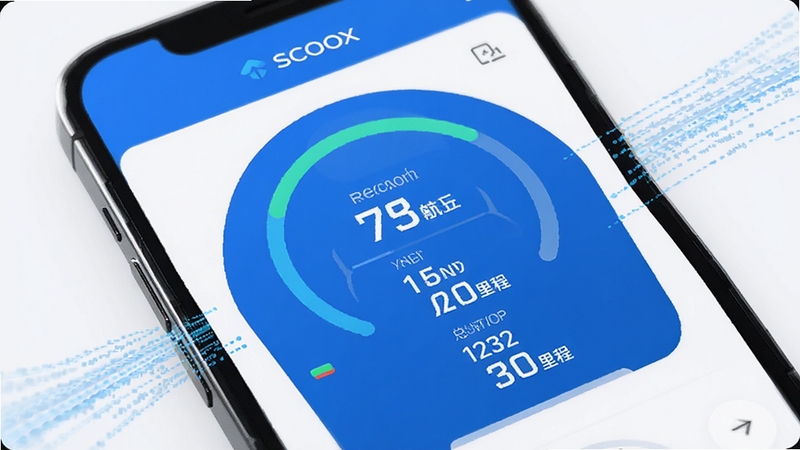 SCOOX Ӧ�ý�����д����Ļ������ʾ�豸״̬�Ǳ��̣����������ٷֱ�Բ��������������ֺ������ͳ�ƣ���ɫ������Ϊ���������ɾ���࣬�ֻ���Χ��ϸС��������������������ʵʱ���ĿƼ���