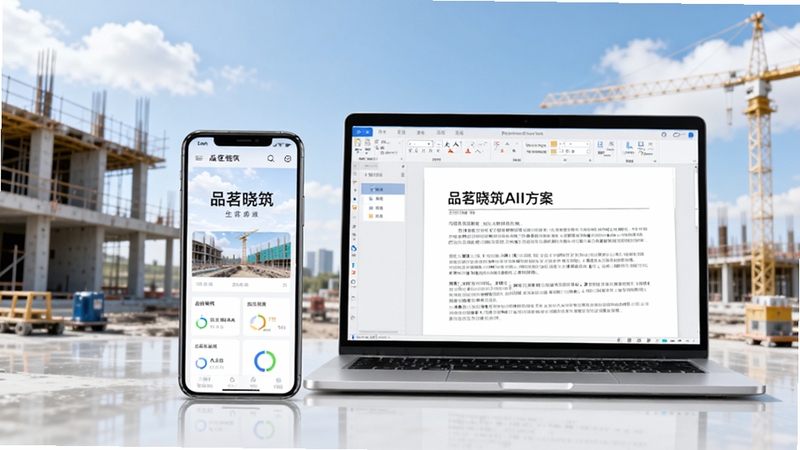 画面中央展示一部智能手机与一台笔记本电脑并排摆放,手机屏幕显示品茗晓筑AI方案生成界面,电脑屏幕展示施工方案文档编辑页面,背景为现代建筑工地与蓝天白云,整体色调明亮清新,科技感与专业感兼具,画面构图简洁大气,突出品茗晓筑软件的核心功能定位