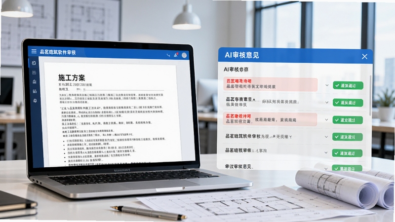 画面呈现品茗晓筑软件审核界面,左侧为施工方案文档,右侧为AI审核意见列表,用红色标注问题项、绿色标注通过项,界面清晰直观,背景为现代化办公室环境,桌面上摆放着笔记本电脑和建筑图纸,整体色调以蓝白为主,突出软件的智能审核能力