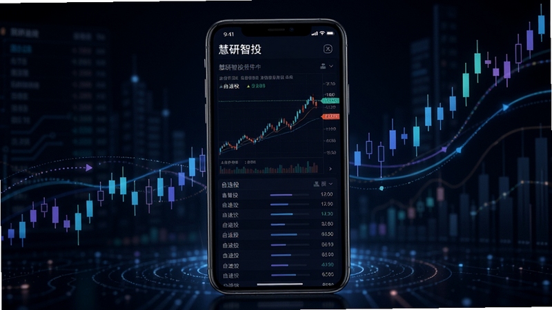 慧研智投软件主界面展示实时行情图表与自选股列表,背景为深色金融风格,手机屏幕居中,周围环绕数据线条与K线元素,整体科技感强,画面清晰简洁