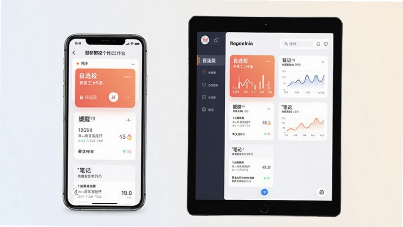 慧研智投个性化工作台界面,展示模块化卡片布局,包含自选股、提醒、笔记等组件,背景为浅色渐变,手机与平板双设备展示,突出同步与自定义特色