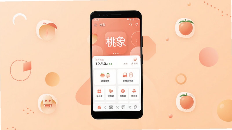 桃象应用主界面展示图,画面中央放置一部安卓手机,手机屏幕显示桃象应用首页的清爽布局,背景为柔和的浅橙色渐变,四周点缀简约的几何图形与功能图标,整体风格现代简洁,突出桃象的品牌标识与核心功能区域